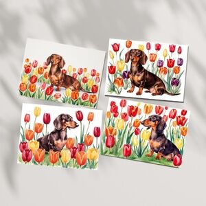 Dachshund in a Field of Tulips, Spring Collection Blank Note Card Set